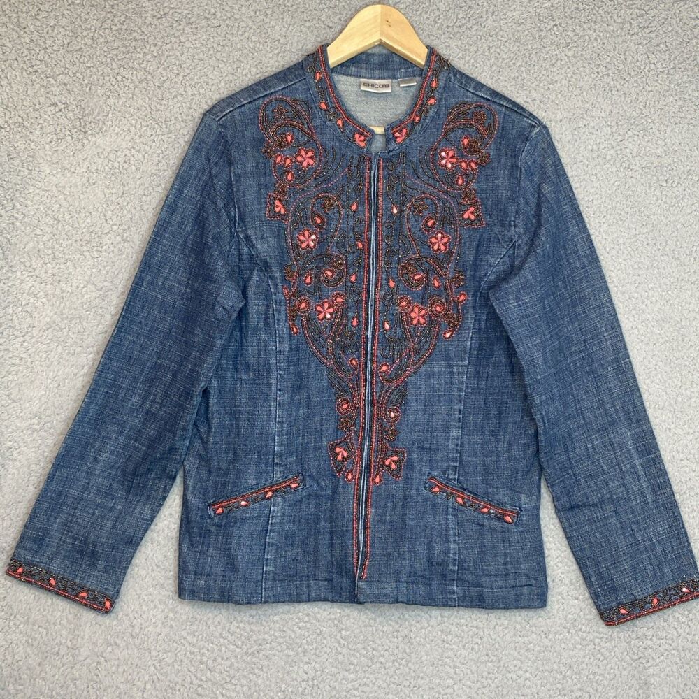 Chicos Boho Floral Beaded Embroidered Artsy Blue Denim Jacket Sz Large